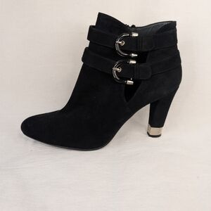 STUART WEITZMAN Black Suede Buckle Booties Silver Hardware Heel Detail